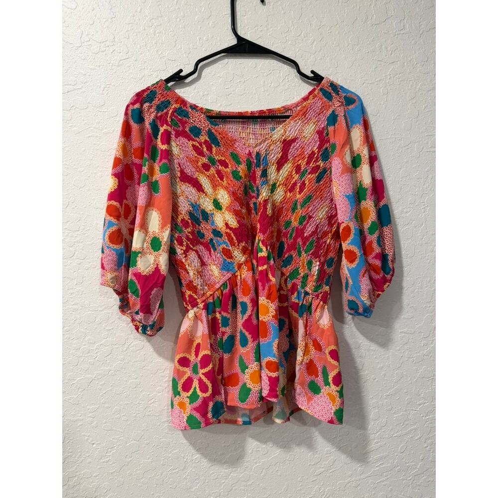 Multicolor Floral Smocked Peplum Blouse Puff Sleeve V Neck Top Size M